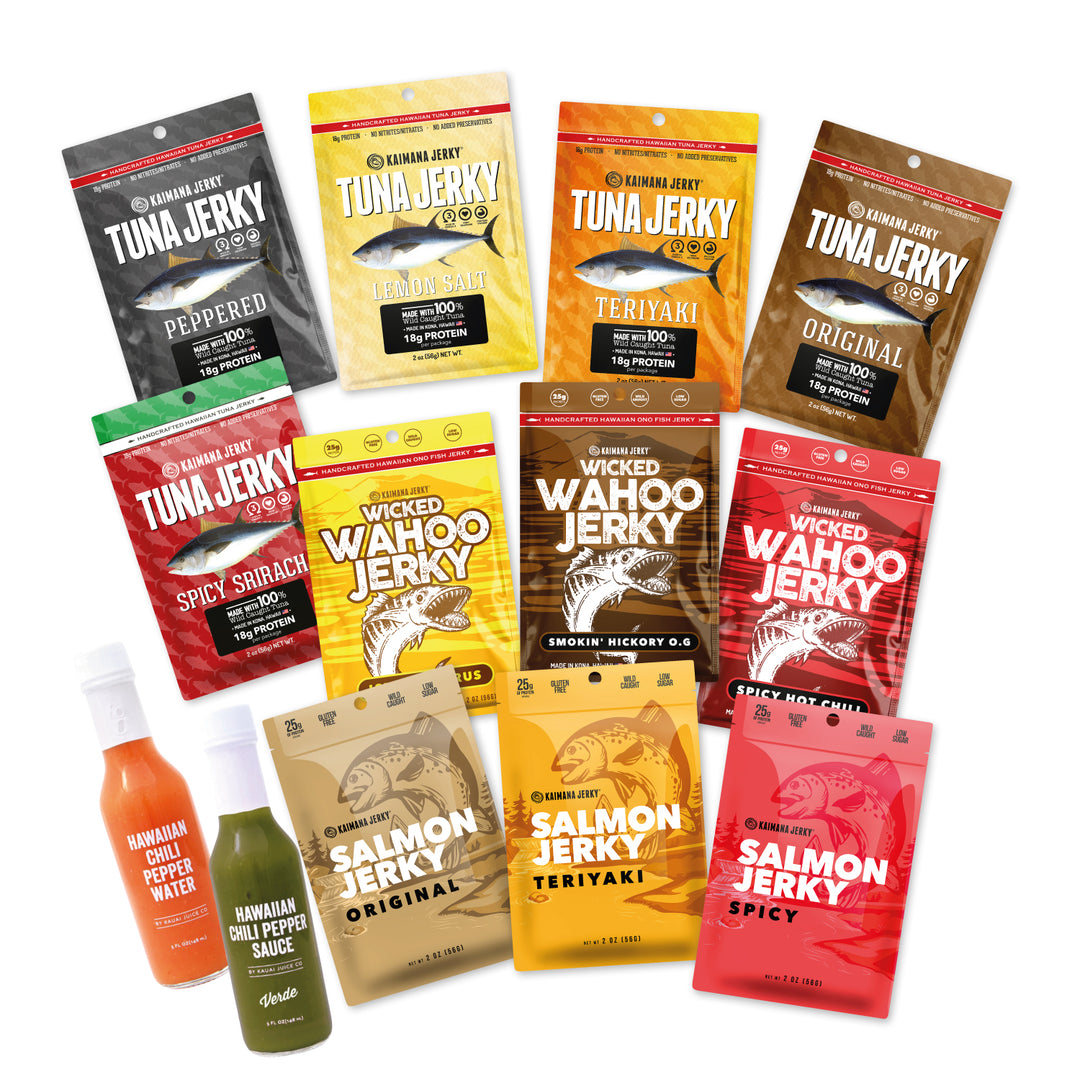 Kaimana Jerky Gift Box with Hot Sauce: Fish Jerky Variety Pack