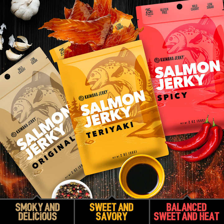 Salmon Jerky Variety Pack - Teriyaki, Original, and Spicy flavors