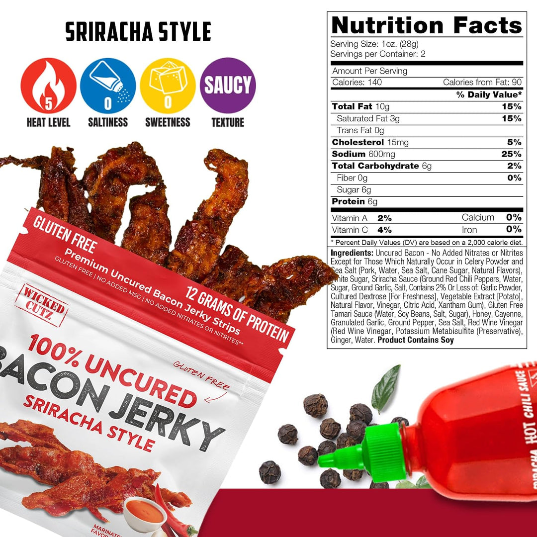 Wicked Cutz Sriracha Bacon Jerky - Spicy, Sweet & Smoky Bacon Snack