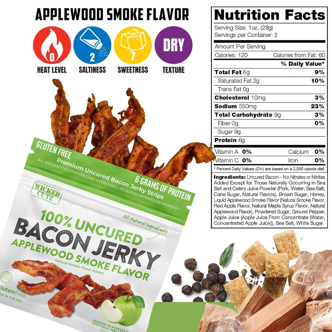 Wicked Cutz Applewood Smoke Bacon Jerky - Sweet & Smoky Gourmet Bacon