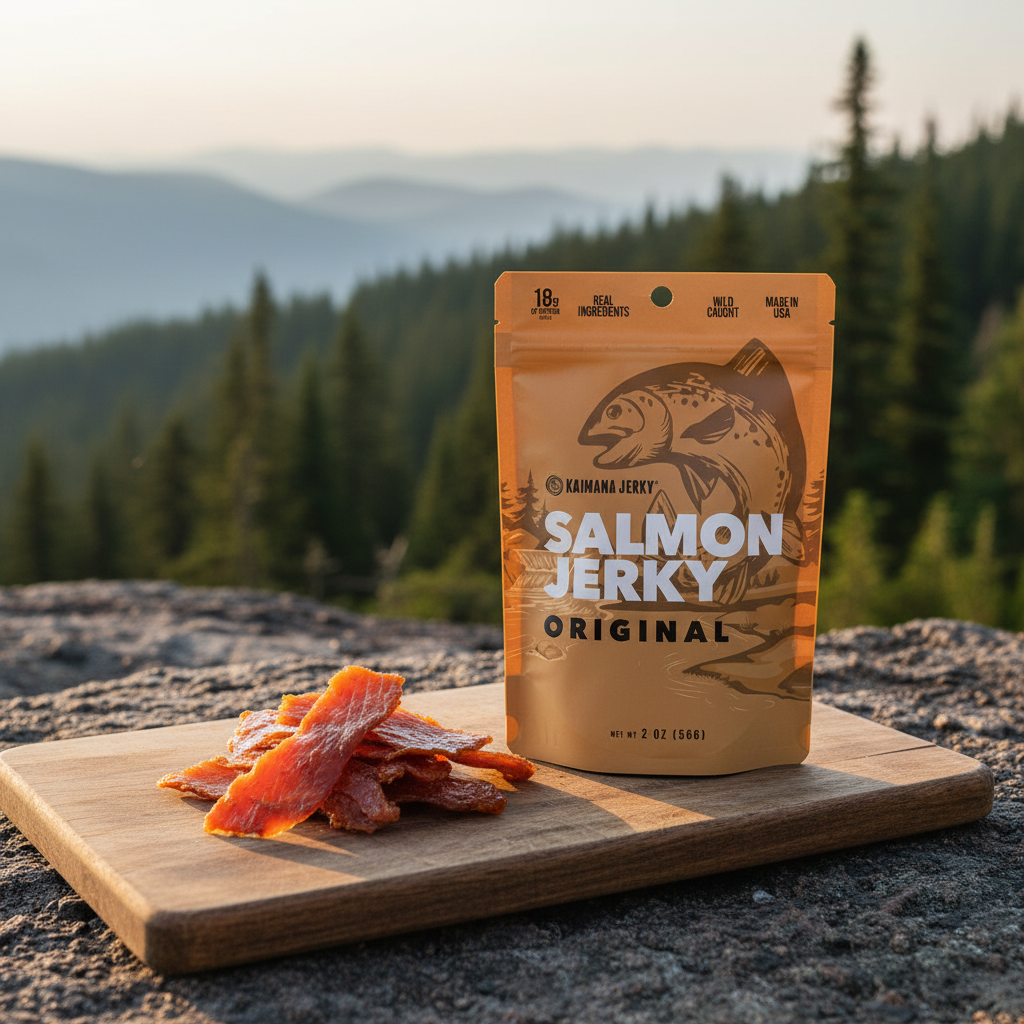 On-the-go high protein snack of salmon jerky