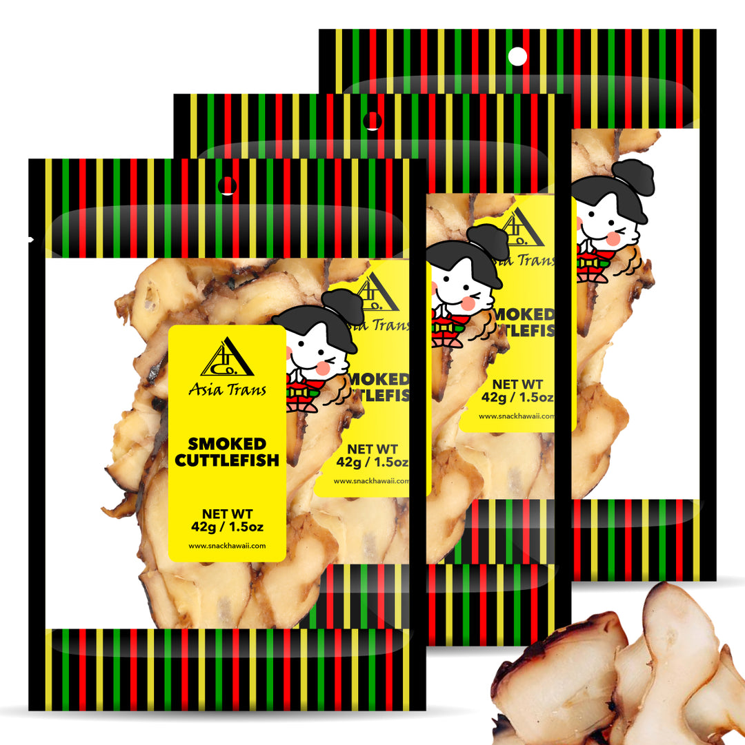 Packaging of smoked cuttlefish with colorful striped design and cartoon characters.