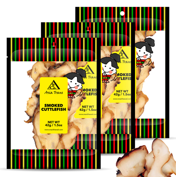 Packaging of smoked cuttlefish with colorful striped design and cartoon characters.