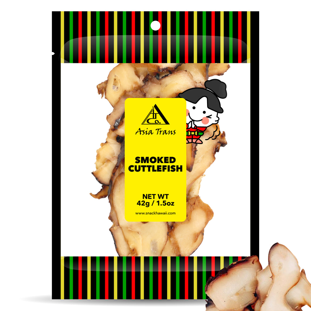 Packaged smoked cuttlefish with colorful label and cartoon character on a white background