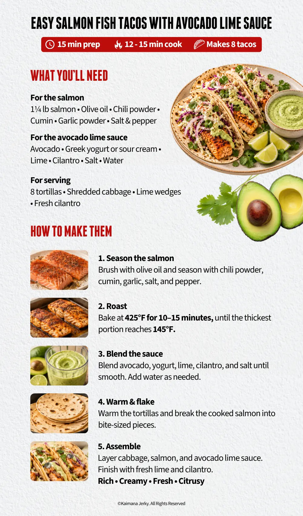 Easy Salmon Fish Tacos With Avocado Lime Sauce