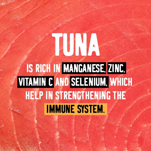 Health Benefits of eating Ahi Tuna including Manganese, Zinc, Vitamin C, and Selenium which help strengthen the immune system