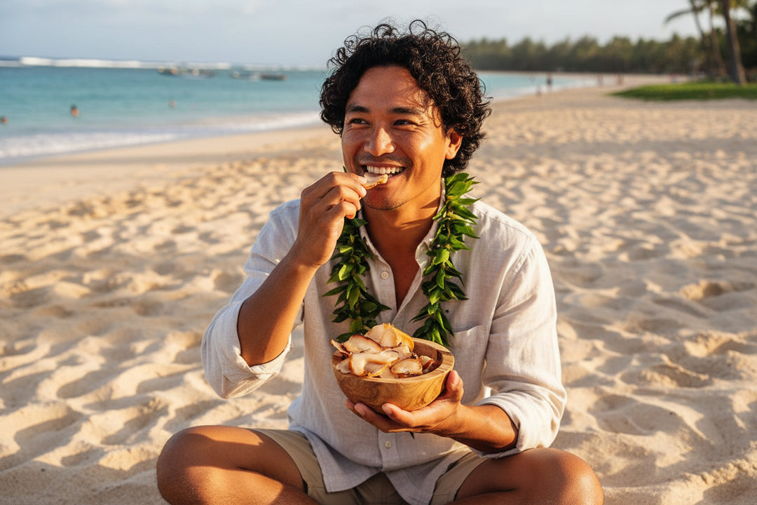 Man eating Smoked Cuttlefish on the beach