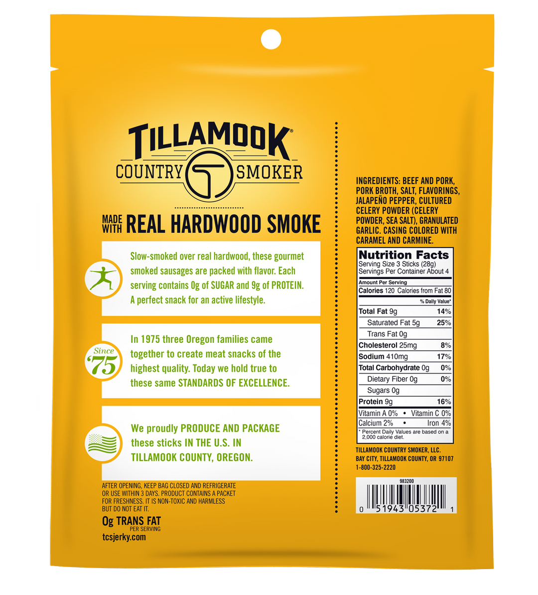 Tillamook Country Smoker Zero Sugar Spicy Jalapeno Smoked Sausages